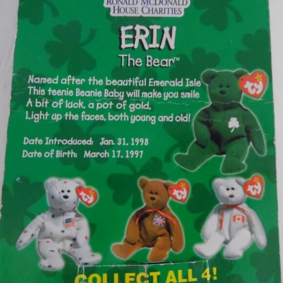 Vintage TY Original Beanie Baby Erin St. Patrick Rare Vintage TY Beanie Baby ERIN the Bear Jan 31,1998 collectible